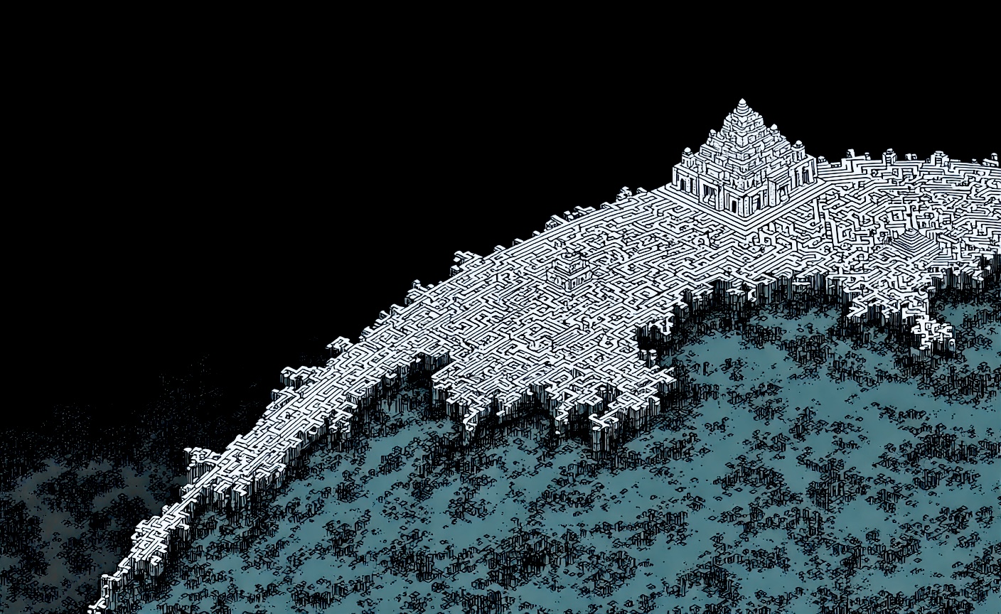 Algorithmic temple architecture rising from fractal landscape