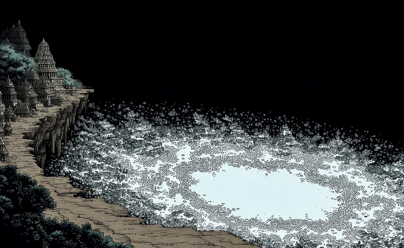 Ancient temple overlooking luminous algorithmic ocean